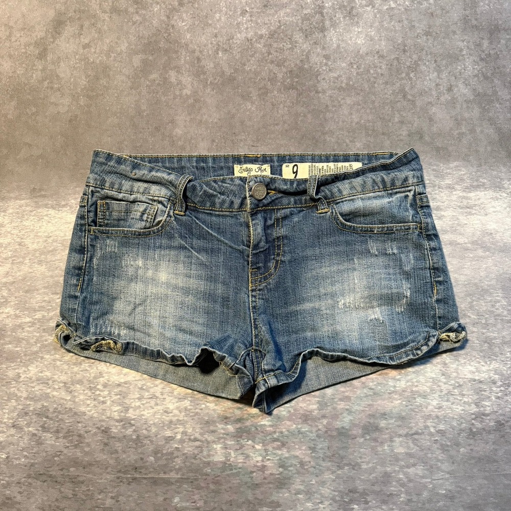 Y2K‎ Indigo Rein Womens Size 9 Denim Jean Shorts Distressed Blue Low Rise Mini